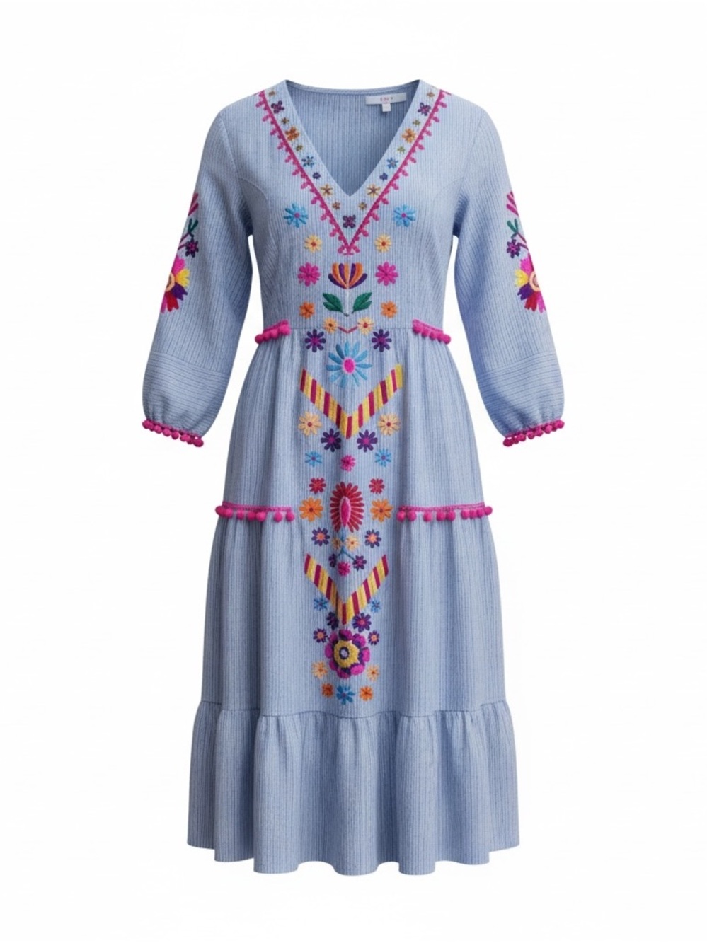 A&B Striped Embroidered Midi Dress Women S Blue White Striped GUC Boho Pom Pom